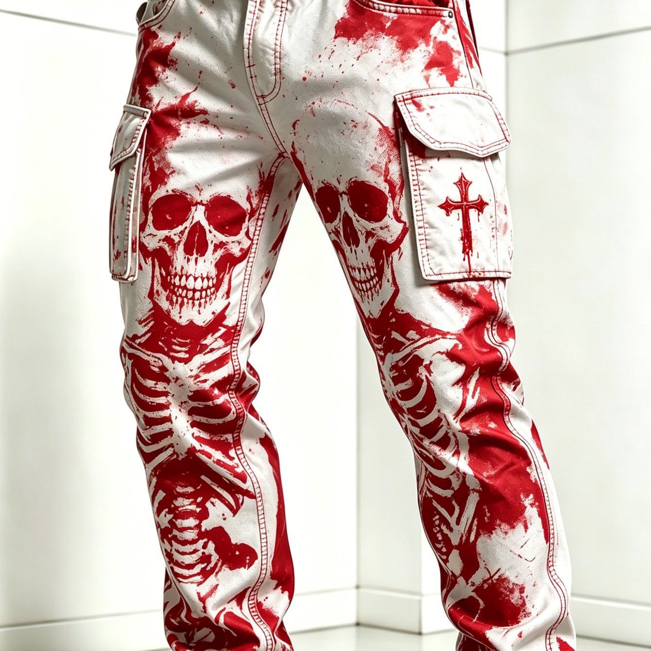 Image of Men's Plus Size Dark Gothic Skull Print Cargo Pants - Full-body Trousers Suitable For Halloween, Streetwear, Daily Wear, Machine Washable Straight-leg Pants With Multi-season , Plus Size