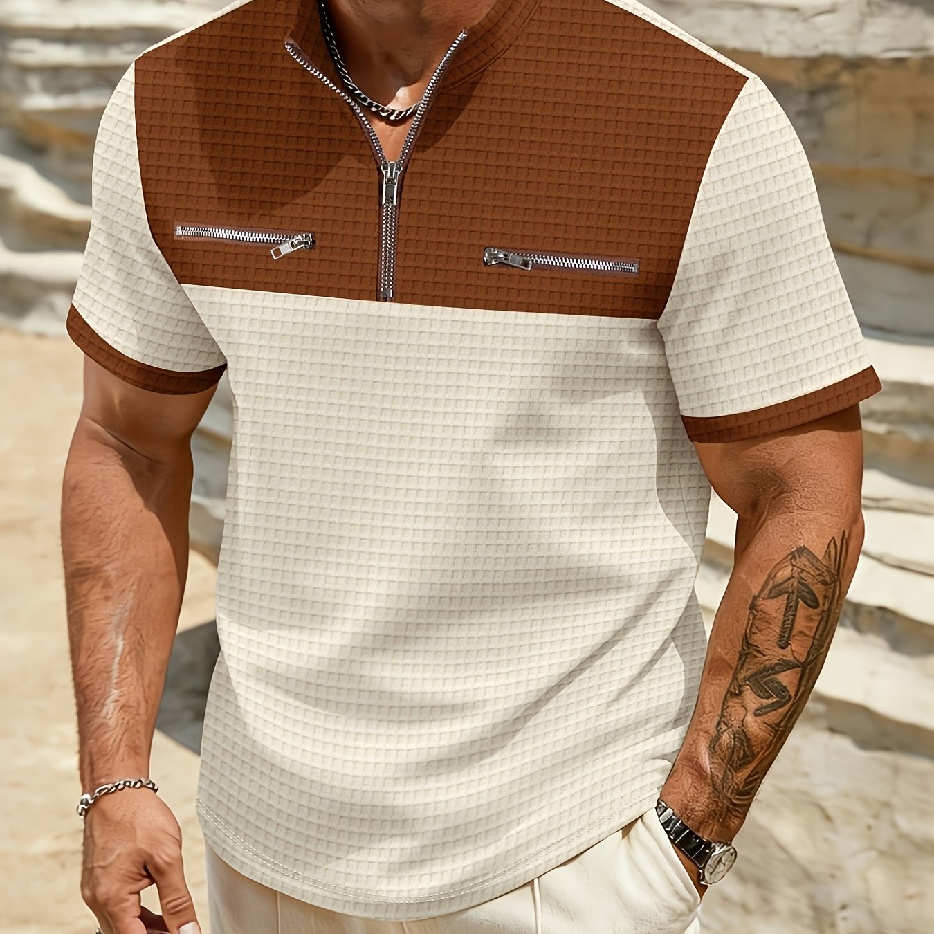 TEMU Men's Zip-up Shirt, Knitted And Color Block â Short Sleeve Top, Crew Neck With Zippered Pocket, Casual Streetwear For Everyday Use