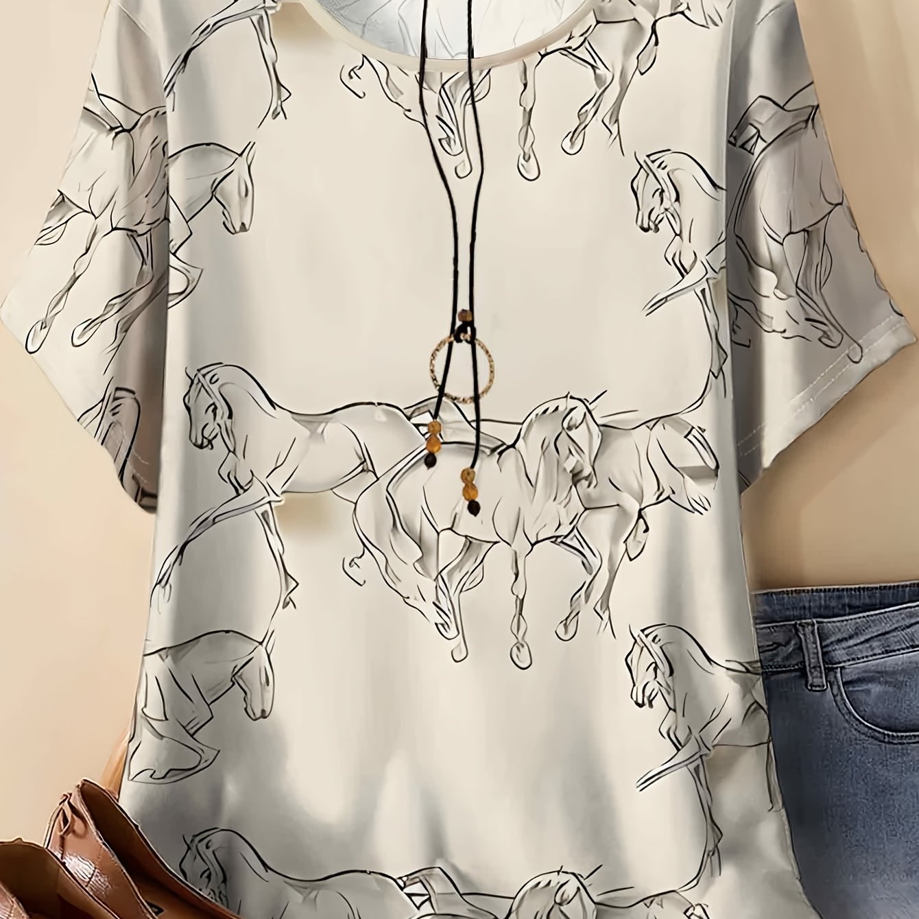 TEMU Women's Plus Size Vintage Horse Print T-shirt - Full-body Horse Short Sleeve Blouse, Round Neck Casual & Dressy Outfits, Machine Washable Loose