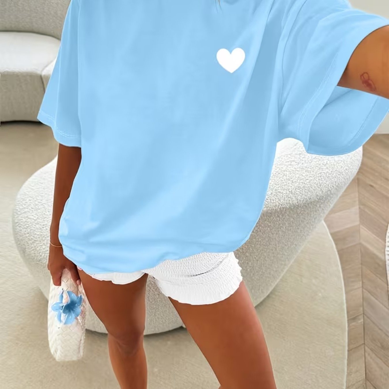 TEMU Simple Pattern Print, Fashionable And Casual Loose Round-neck Short Sleeved T-shirt, Summer/spring Style Women's Loose, Sexy, Sweet, And Cute