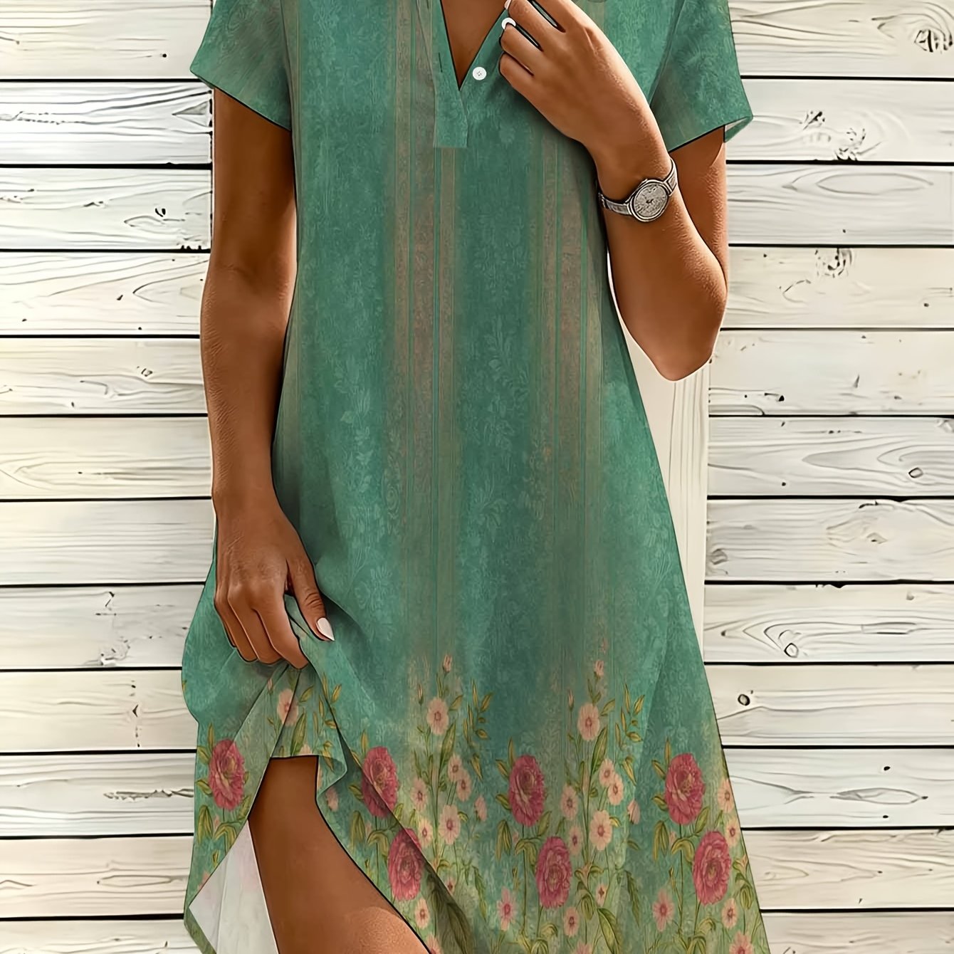 TEMU Women's Fashion Shirt Dress, V-neck Button Dress, Vintage Green Tone Floral Print
