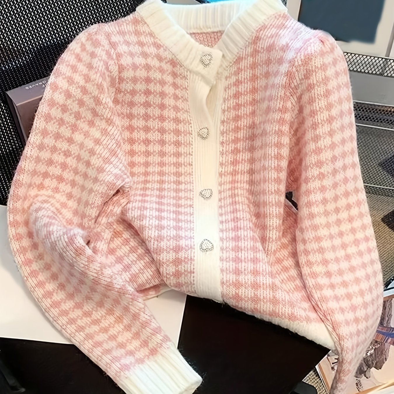 TEMU Women's Heart Button Front Long Sleeve Cardigan Sweater Crew Neck Cute Top For Fall And Winter