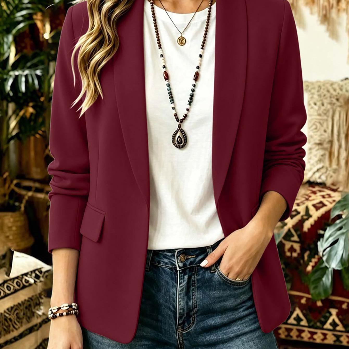 Women' Lightweight Blazer No Button Open Front Shawl Lapel Ruched 3/4 Sleeve Side Flap Pockets Relaxed Fit Casual Suit Coat For Weekend Street Outfits