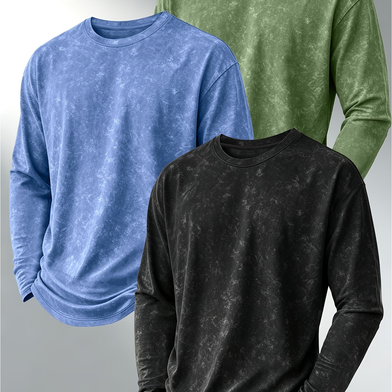 TEMU Obm Three-pc Distressed Long-sleeve T-shirt, Men's Versatile Crew Neck Base Layer Top, Trendy Casual Long-sleeve Inner Wear
