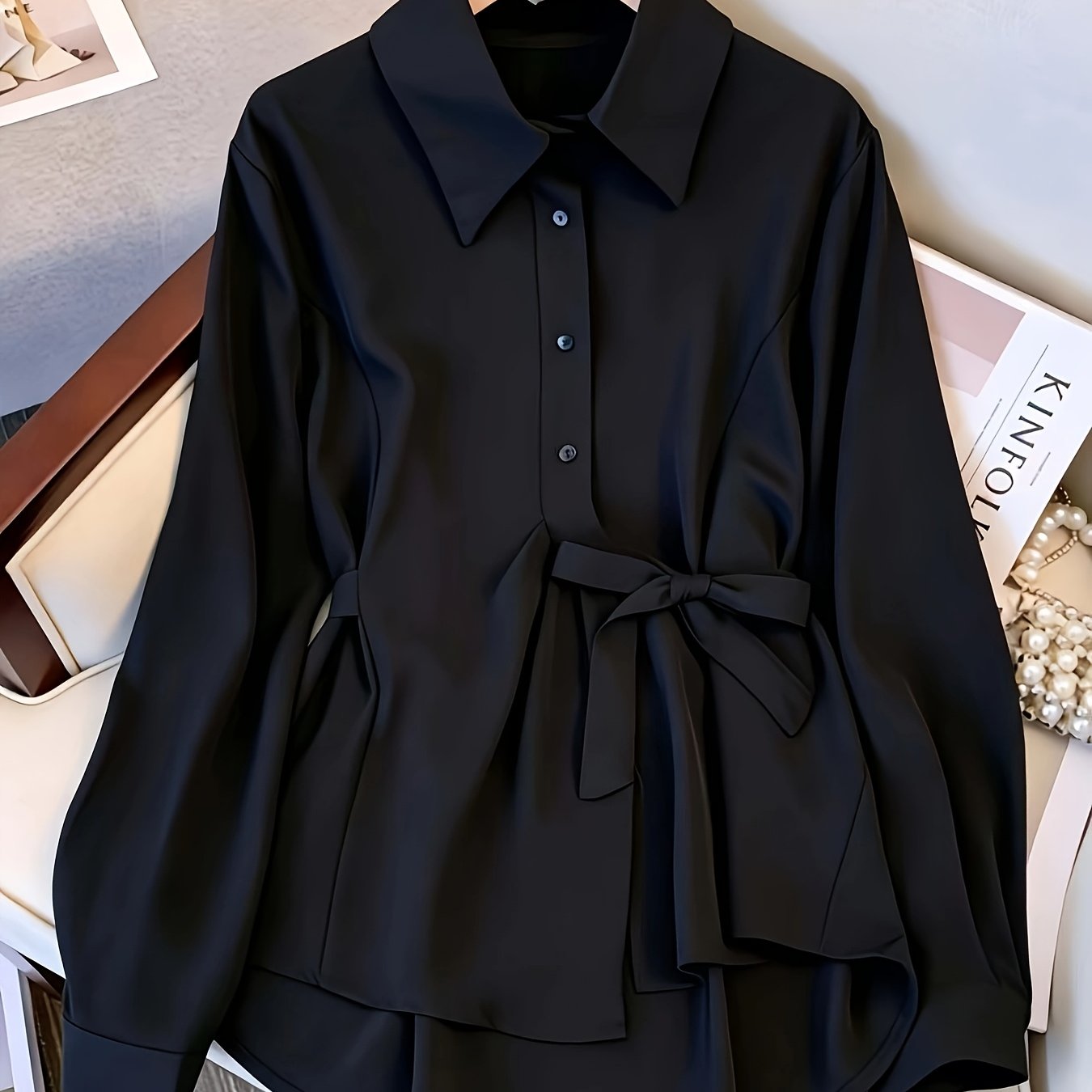 TEMU Chemise à manches longues et pour femmes, haut à taille marquée par la ceinture et à sur le , ourlet irrégulier, blouse décontractée pour et les