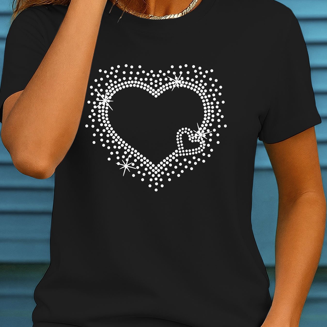 TEMU Women's Plus Size Sparkling Rhinestone Heart & T-shirt - Short Sleeve Round Neck -compatible Top, Machine Washable Summer Casual Stretch Shirt