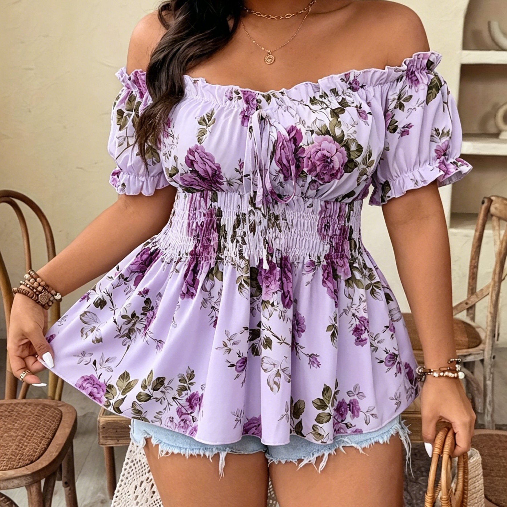 TEMU Plus Size - Plus Size - Plus Size Off-shoulder Waist-cinching Women's Blouse, Printed Fashion Women's Top, Elegant Short Sleeve Women's Shirt,