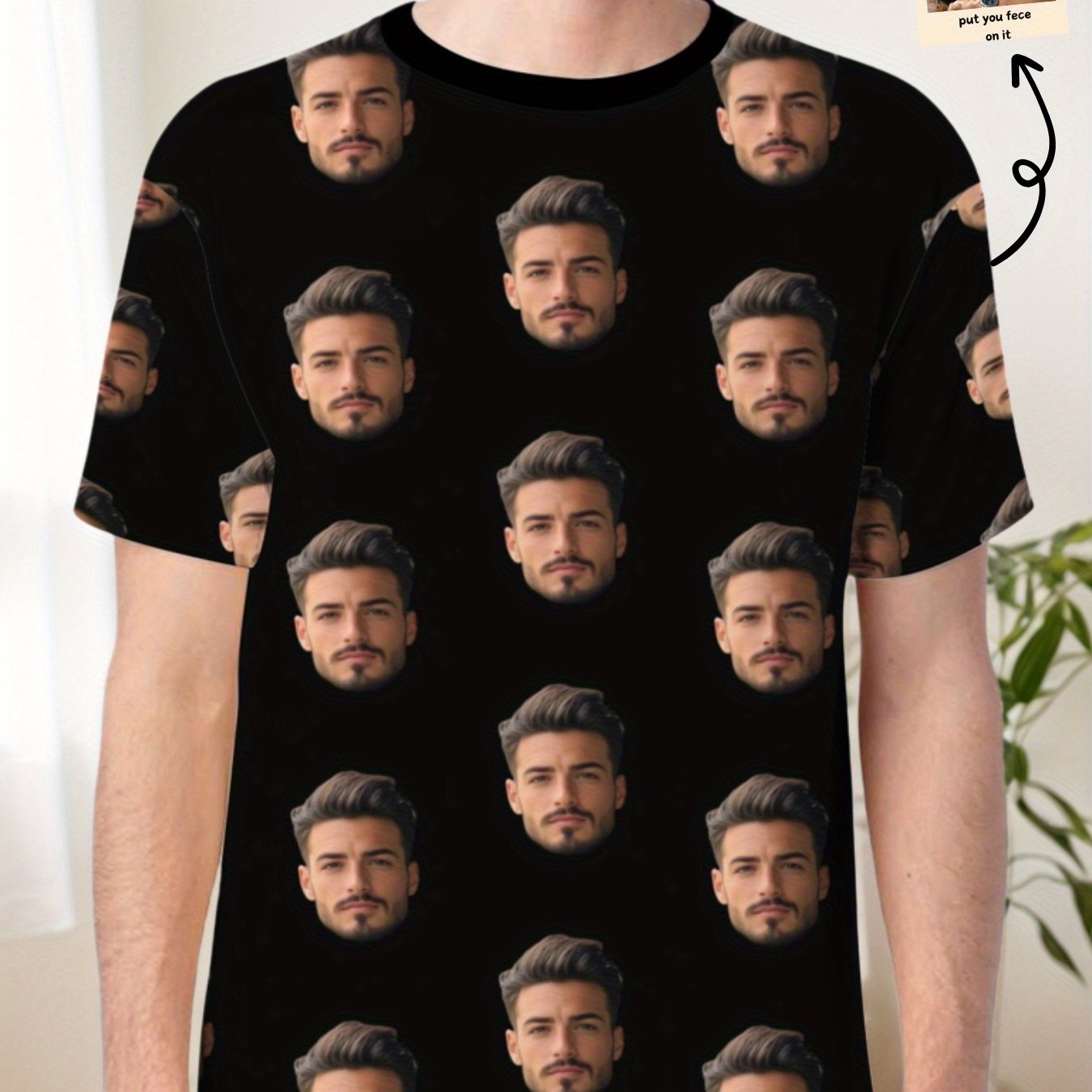 TEMU Custom Men's T-shirt - Personalized Face Print, Breathable Lightweight Summer Tee, White Crew Neck Casual Top, Perfect Gift For , Custom T-shirt