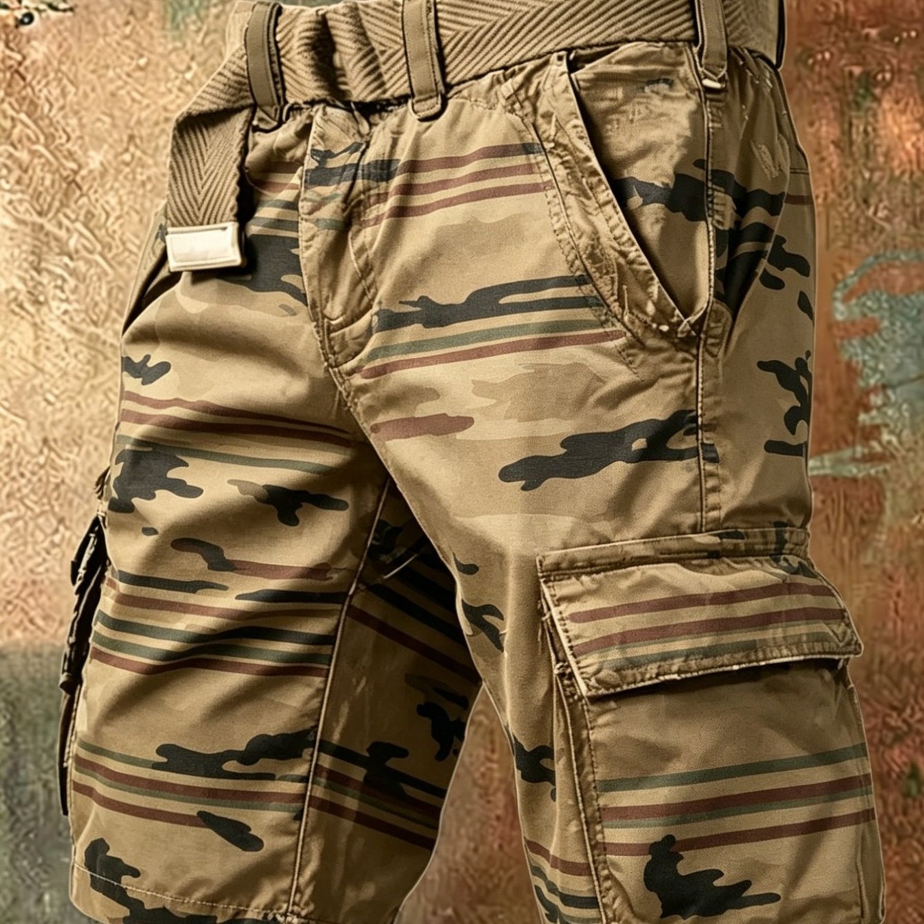 Men's Belted Cargo Shorts With Khaki Camouflage Stripe Print Comfortable And Breathable Suitable For Daily Dating Outdoor Streetwear Great Gift For Men Men's Clothing, Plus Size