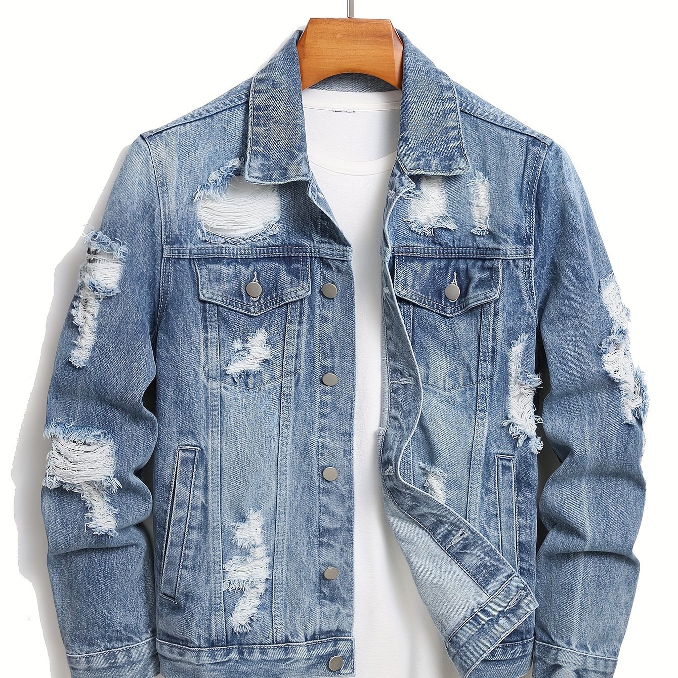 TEMU Men's Fashion Street Style Ripped Denim Jacket, Men's Stylish Comfy Coat For Spring & Autumn Wear