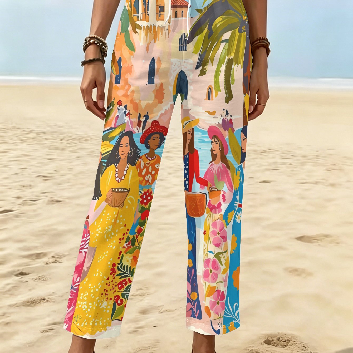 TEMU Mediterranean Architecture Palm Beauty Illustration Print Drawstring Trousers, Summer Lightweight Beach Outing Bottoms