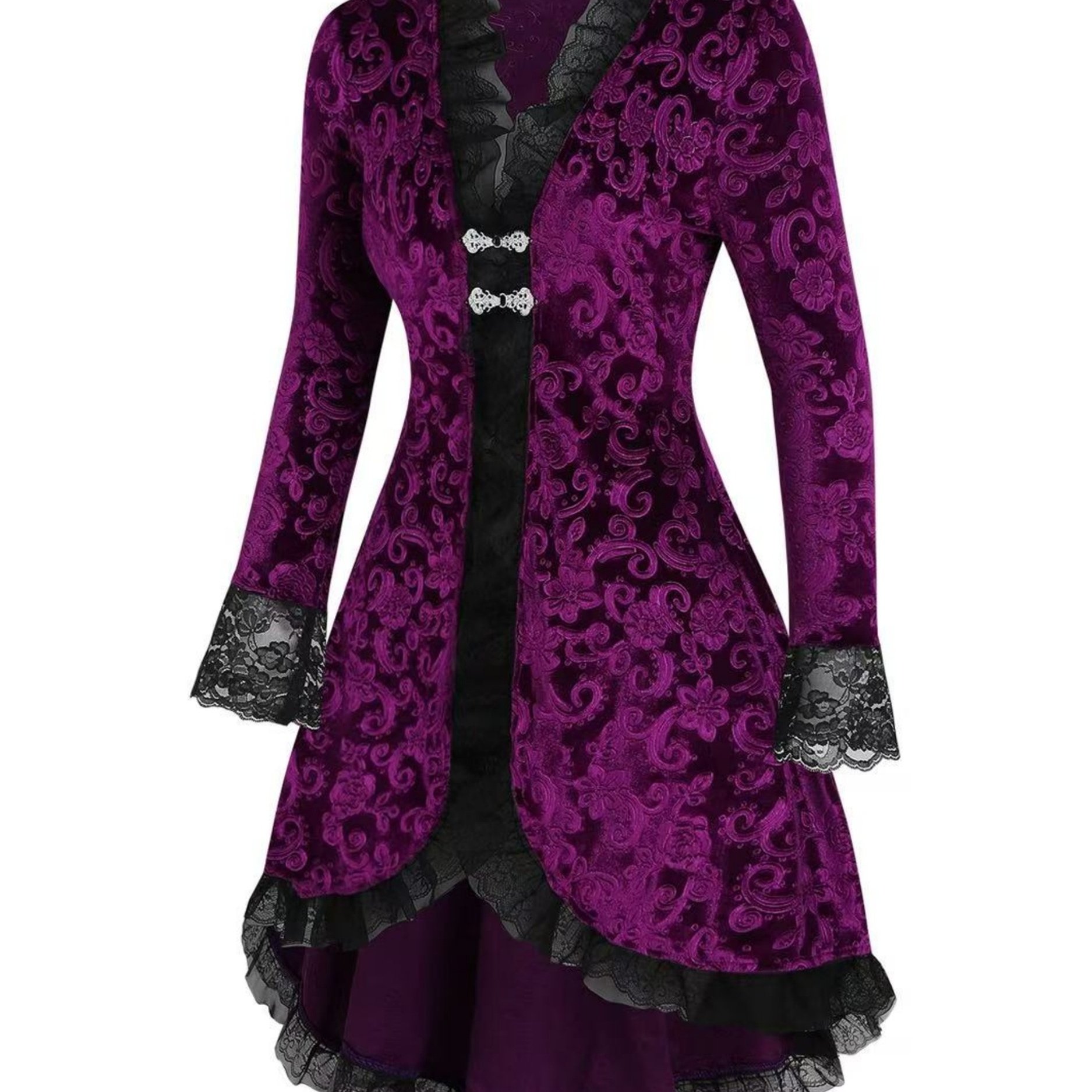 TEMU Gothic-style Korean Velvet Embossed Lace Trim Dress