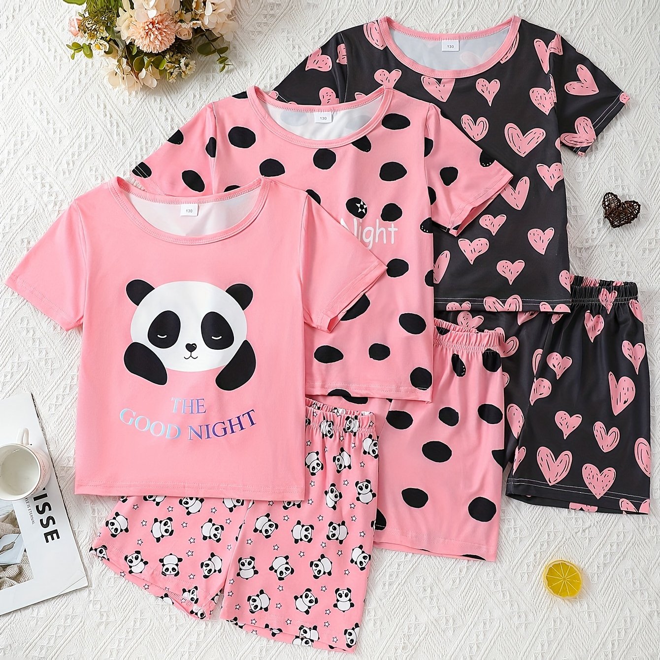 Girls' Short-sleeved Shorts 6pcs Set Round Neck T-shirt Panda Heart Elastic Knit Sports Casual 3-color Set Homewear Multi-piece Set
