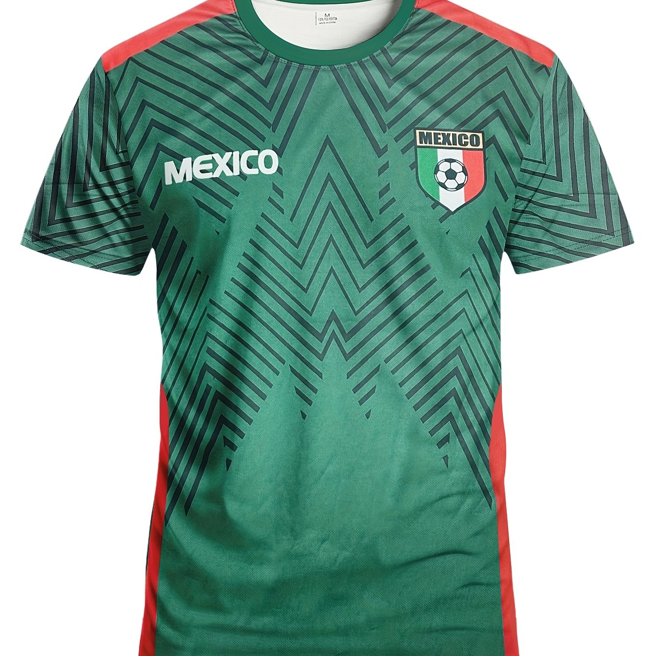 TEMU [mexican Football Style] Men's Mexican Theme Short Sleeve Jersey, Contrast And Geometric , Athletic Breathable Style Suitable For Fans'