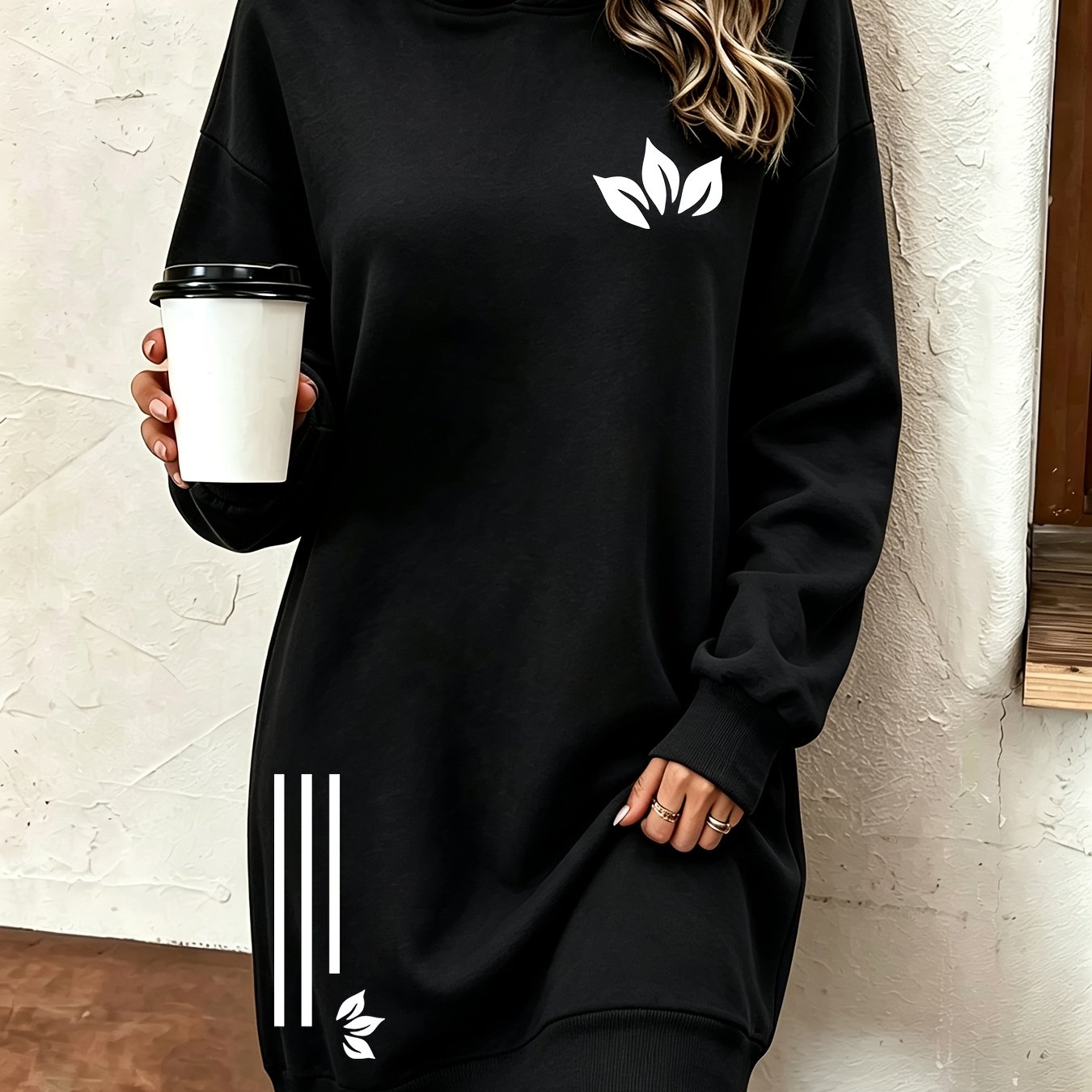 TEMU Long Printed Hooded Sweatshirt Dress Women's Autumn Winter Thickened Fleece Top Women's Versatile Loose Casual Long Sleeve Hoodie