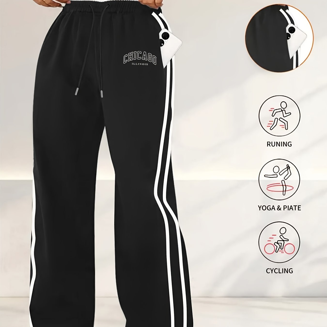 TEMU Plus Size, Plus Size Women's Pants - Casual Joggers With Side Stripes, High-waist With 2 Side Stripe Accents, Casual Drawstring Pants With