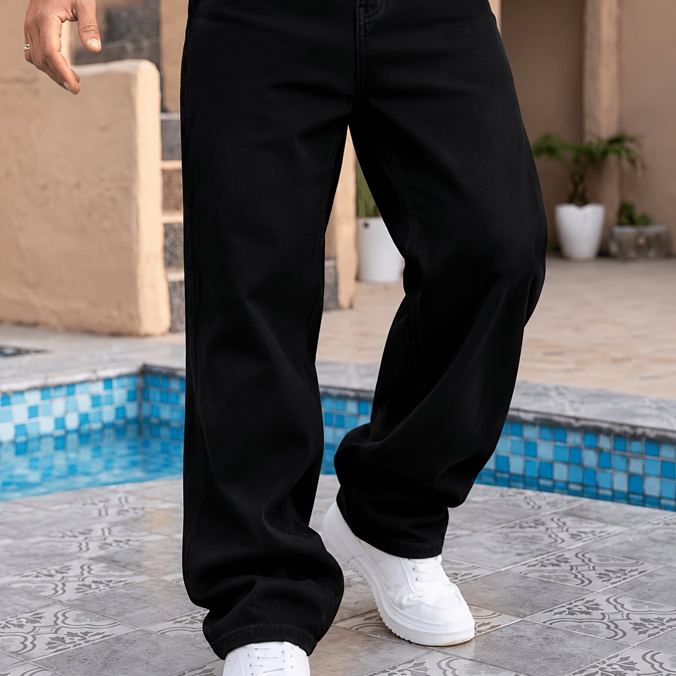 Image of Solid Black Wide-leg Denim Jeans Men's Easy Drapey Loose Straight Trousers Casual Trendy Denim Pants