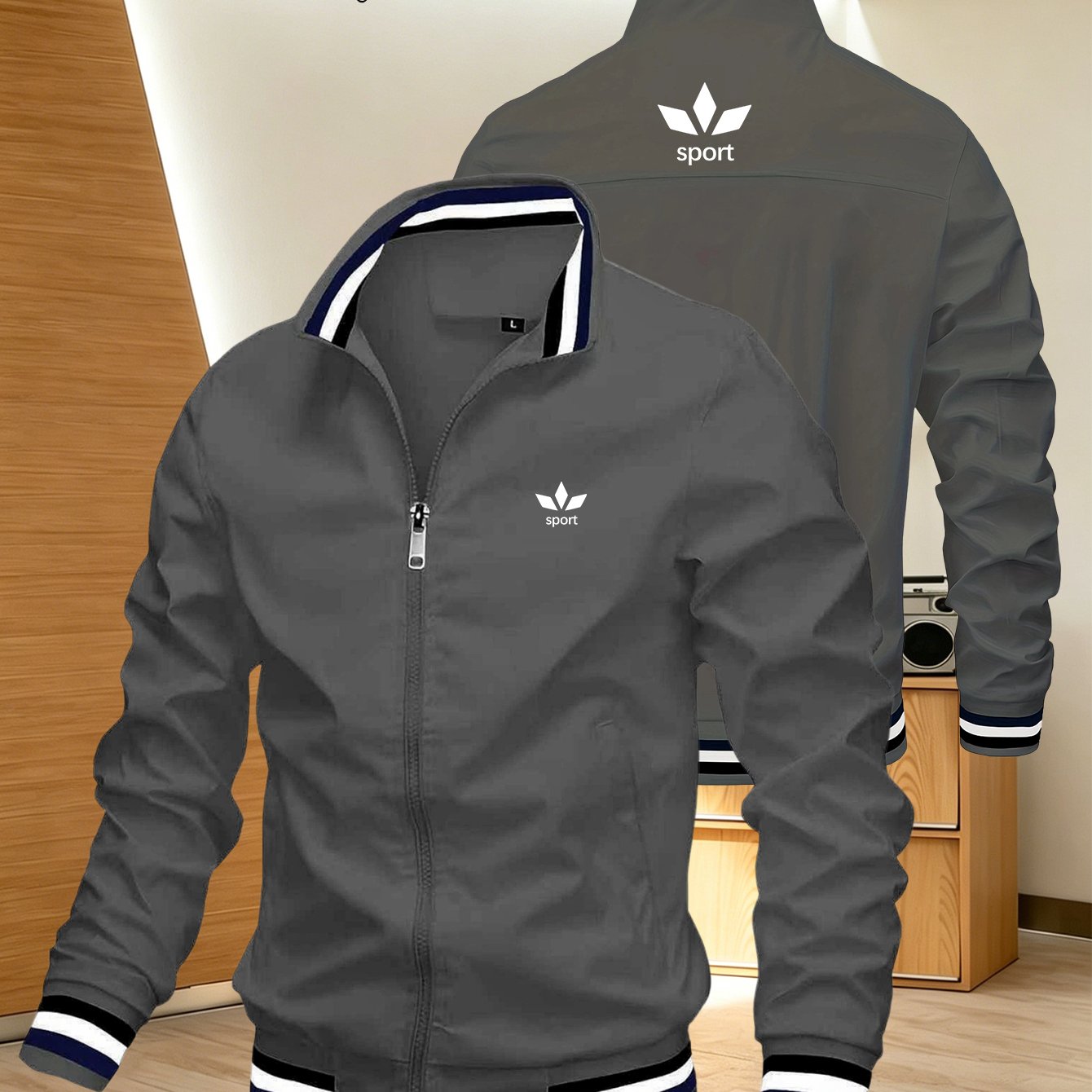 TEMU Men' Collar Casual Jacket. The Colorful Stripes At The Hem Provide Lightweight And Windproof Protection. The Classic Elements Suitable For
