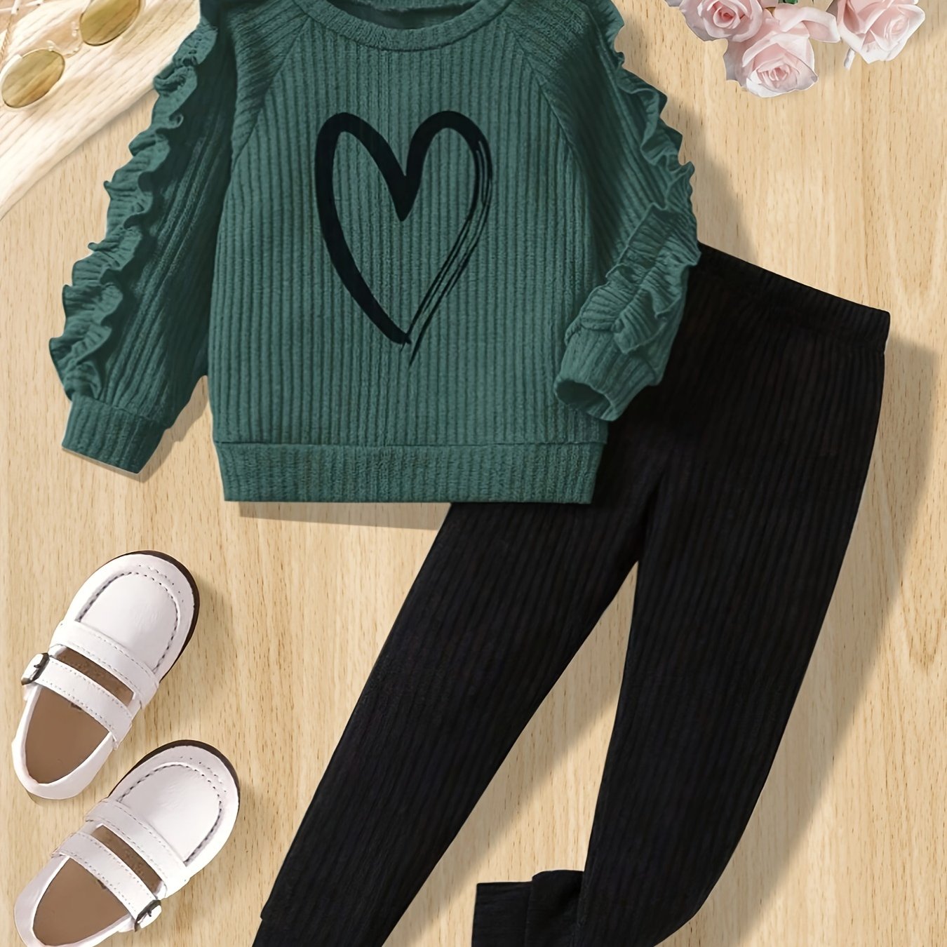 Image of Autumn Girls' New Heart Print Ruffle Trim Long Sleeve Round Neck Top + European Ribbed Casual Pants Set, Comfortable Knit Two-piece Outfit, Perfect For Outdoor