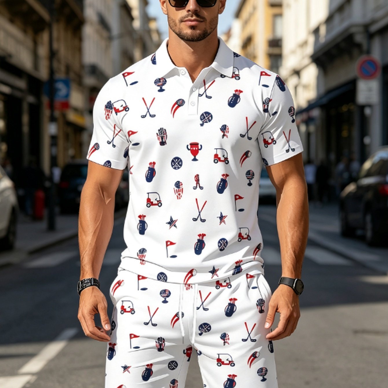 TEMU Printed Design - Non-textured/2d Printing Men's Summer Short-sleeve Shirt And Shorts 2pcs Set, White Golf-themed Shorts Set, Casual Streetwear