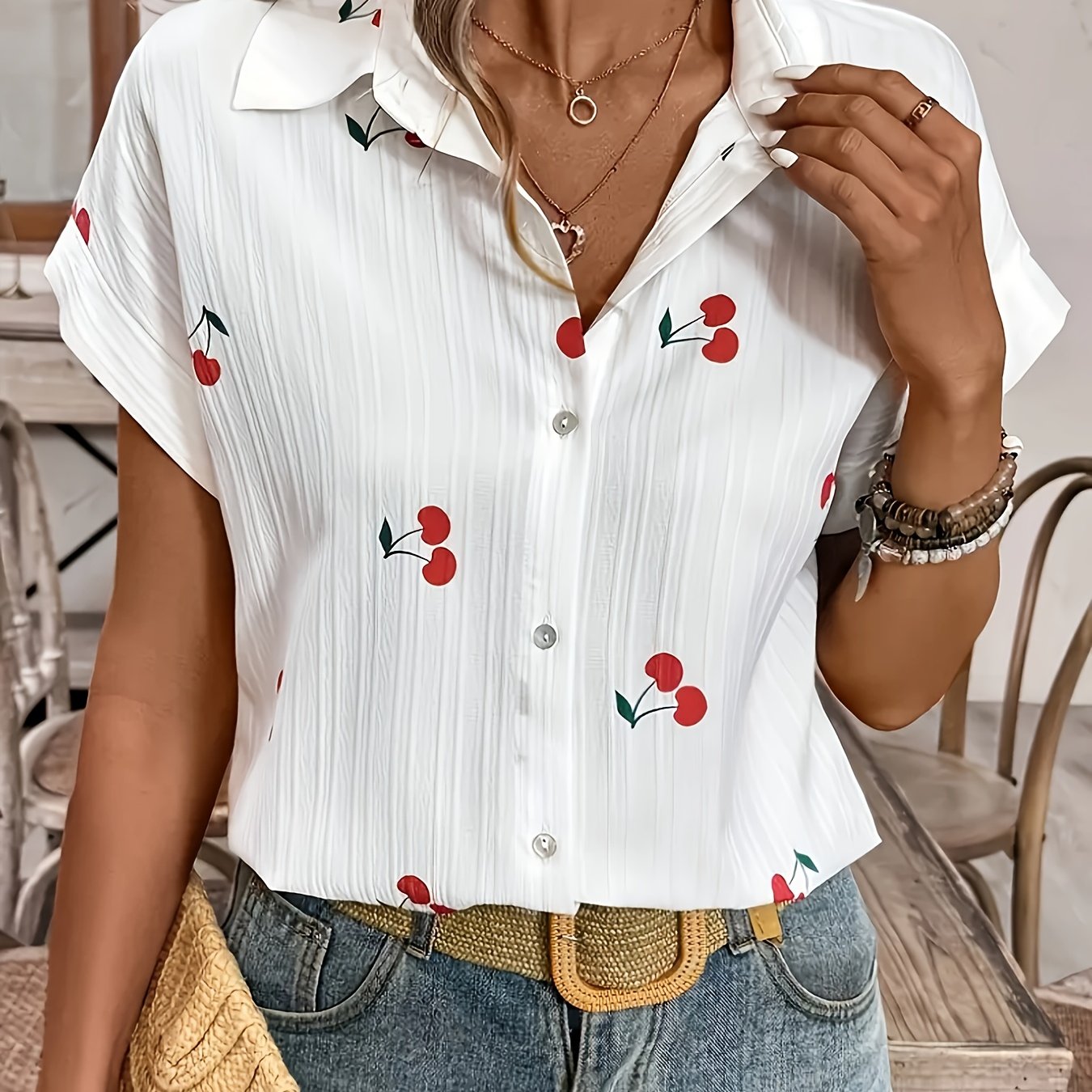 E-shop Damen Kirschdruck Kurzarm-Kragenhemd - Leichte Knopfbluse für Frühling, Sommer Herbst, Casual & Freizeitkleidung, Maschinenwaschbare