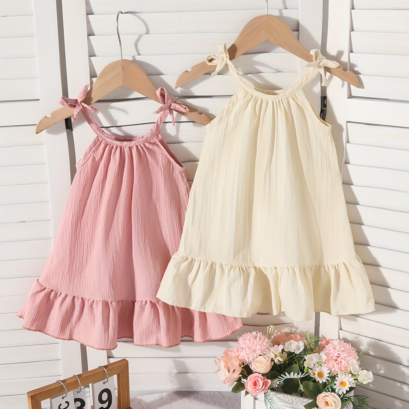 Image of Girls' Solid Color Textured Fabric Bow-decorated Ruffle Hem Spliced Suspender Dress, 2pcs Set,halloween