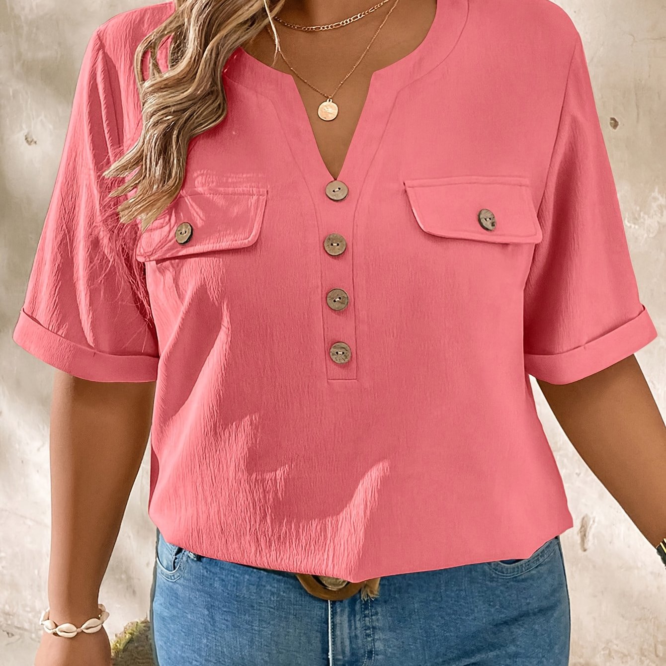 TEMU Plus Size, Plus Size Women's Casual Elegant Daily Solid Color Notch Neck Button Detail Short Sleeve Shirt
