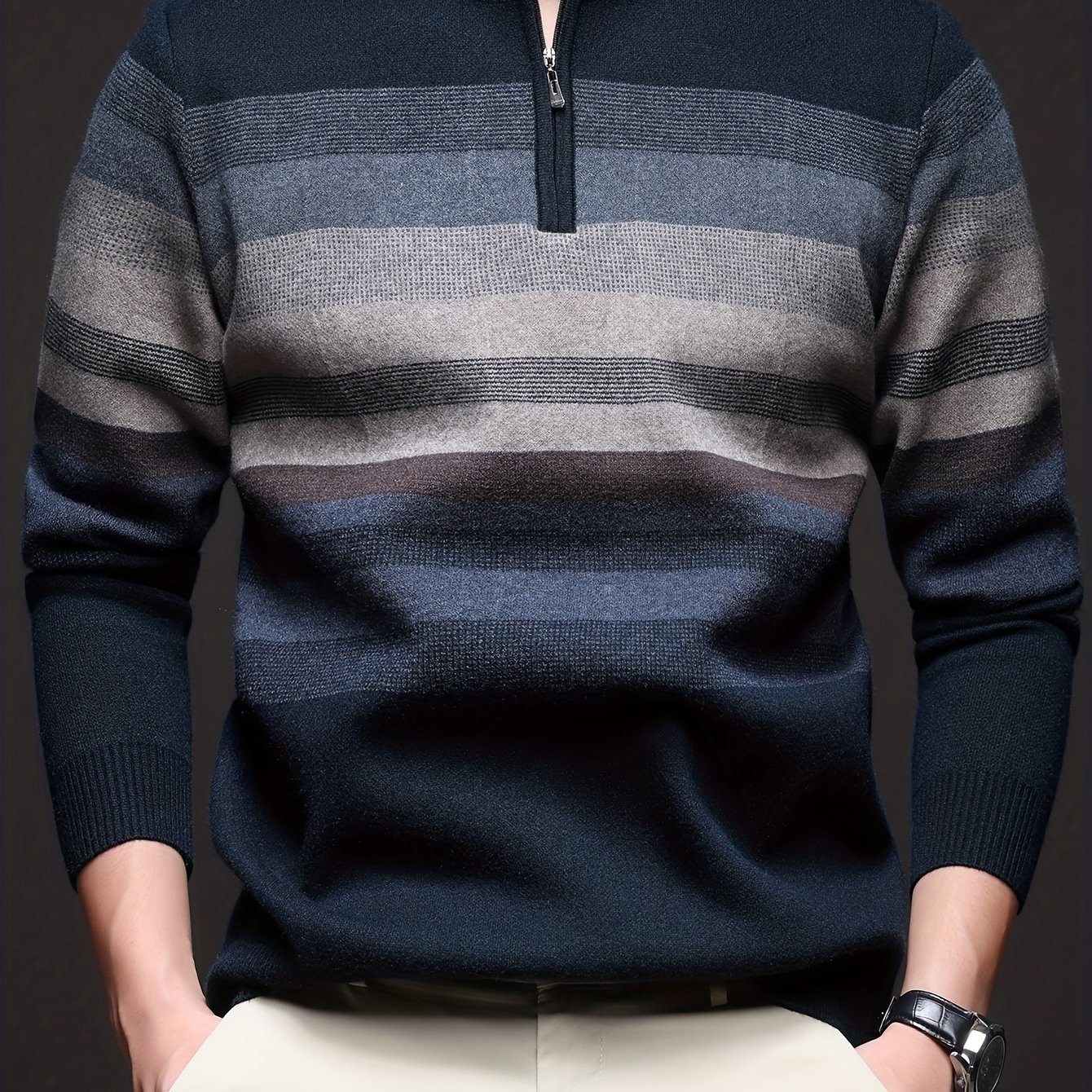 E-shop Herren verdickter gestreifter Pullover mit Reißverschluss Rundhalsausschnitt, lässiges Strickoberteil für Herbst Winter