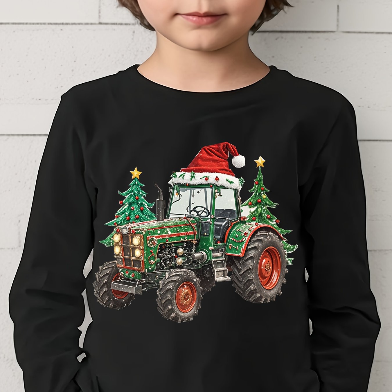Image of Boys' Fashion Long Sleeve T-shirt Christmas Santa Hat Tractor Car Print, Boys' Casual Comfortable Spring Autumn New Style T-shirt