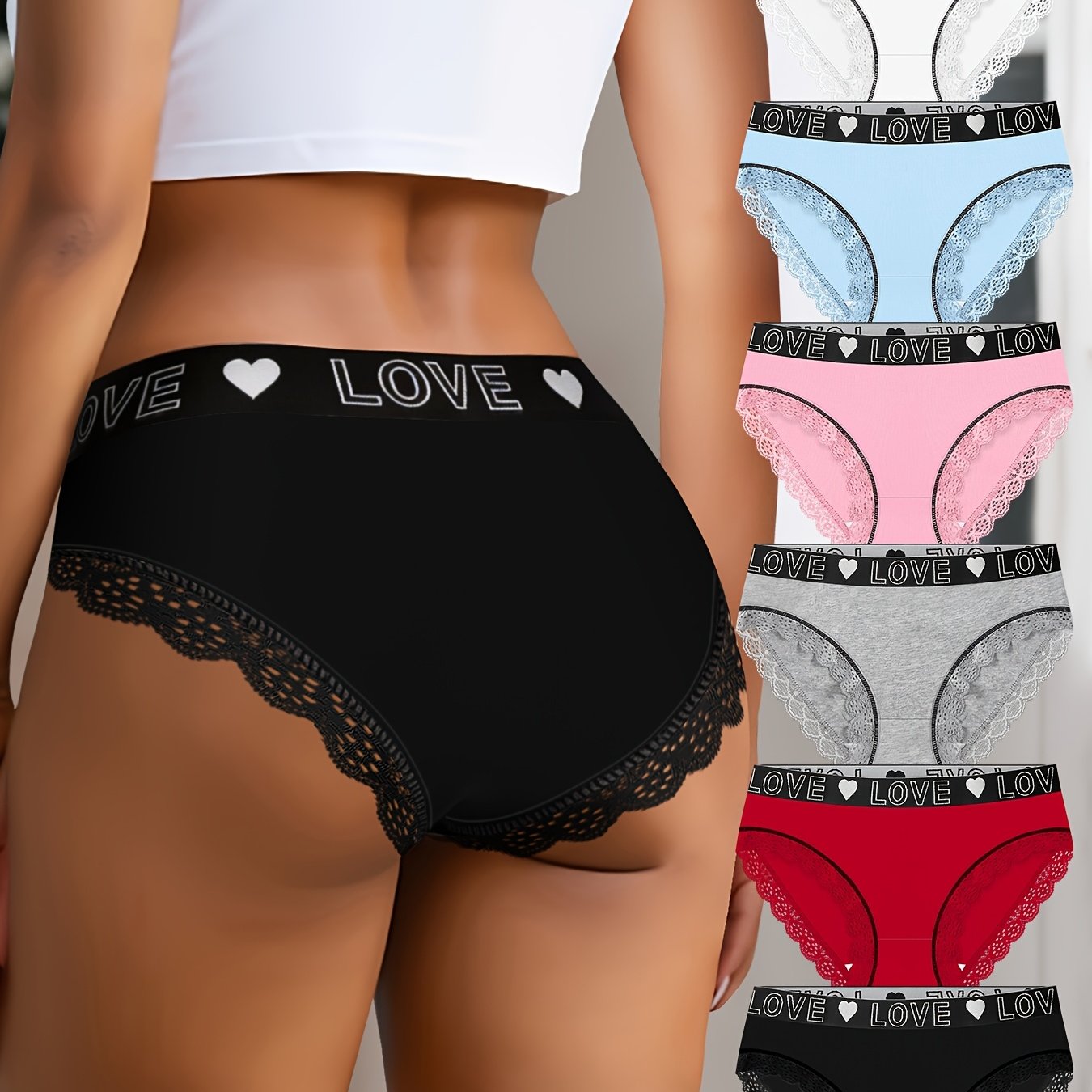 Image of 6pcs Color Blocking Design Low Waist Panties, Soft And Comfortable Lace Sexy Panties, Letter Pattern Daily Casual Friendly Triangle Pants, Romantic Atmosphere Underwear For
