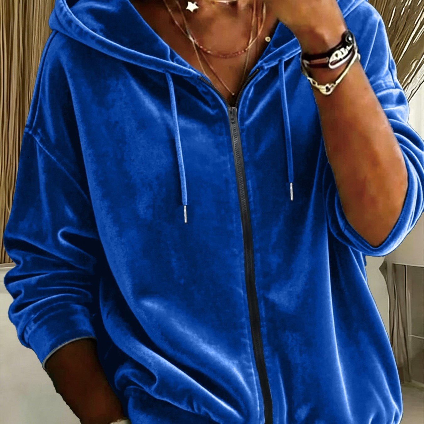 Fashionable Casual Solid-color Drawstring Hooded Zipper Long-sleeved Women's Hoodie