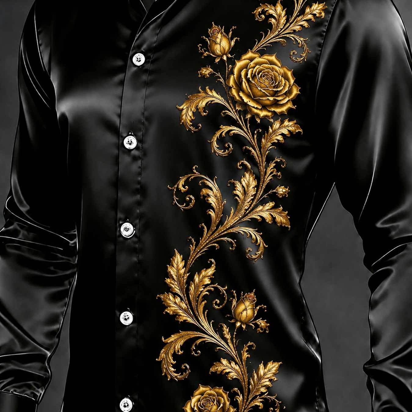 Image of Men's Golden Rose Print Collared Shirt, Luxury Baroque Style Black Floral Top For Parties And Formal Events, Plus Size