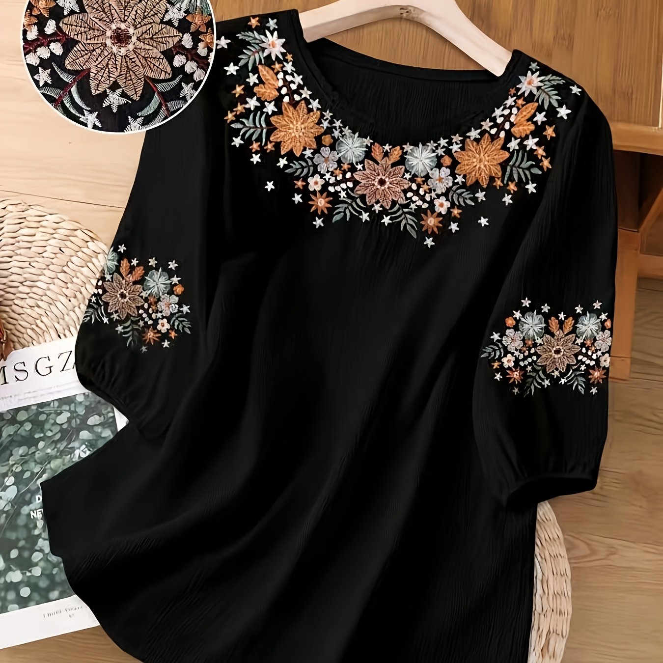 TEMU Plus Size - Plus Size Women's Embroidered Top With Ditsy Floral Pattern | Non-stretch Fabric, Crew Neck, Elegant Style