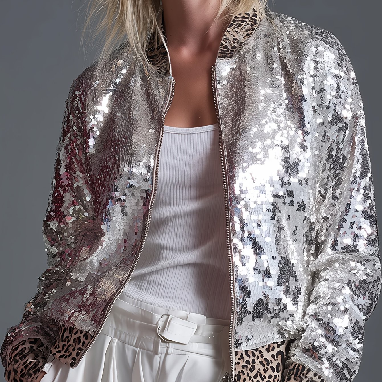 Vintage Print Trim With Silvery Sequin , Long-sleeved Front-zipper Jacket, Suitable For Daily, From Getaways. Niannian'