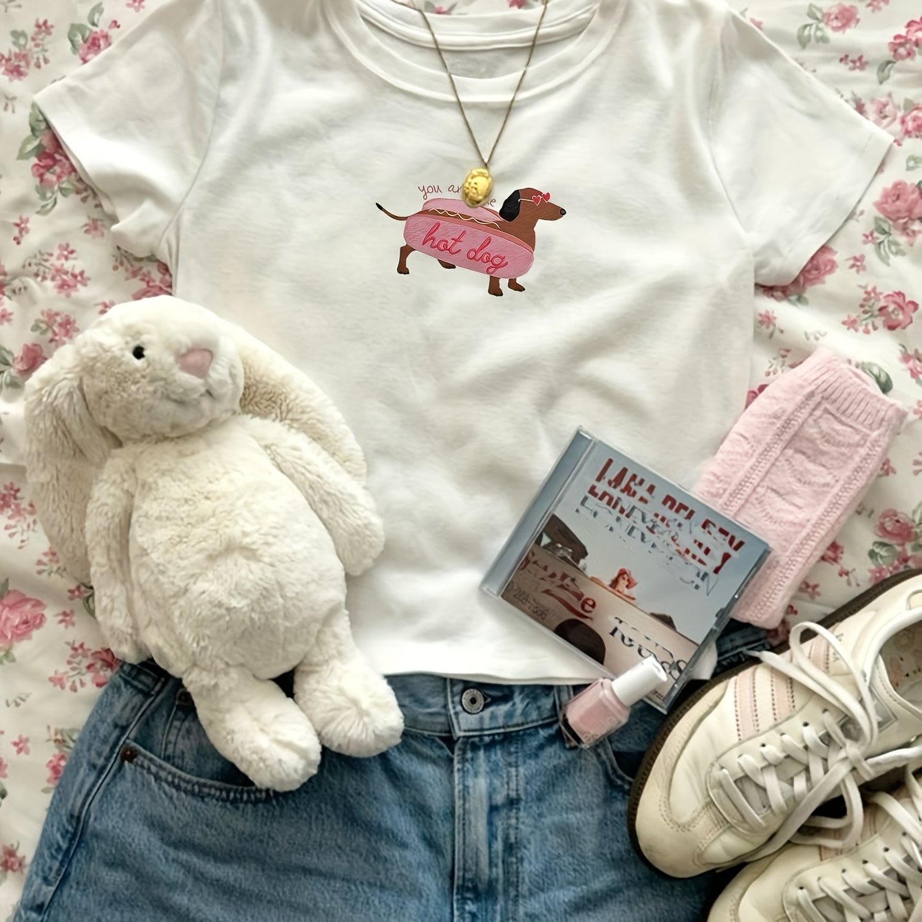 TEMU 00008-women's Niche Pink Hamburger Puppy Pattern Printed Clothing American European Korean Style Summer T-shirt - Wzh180