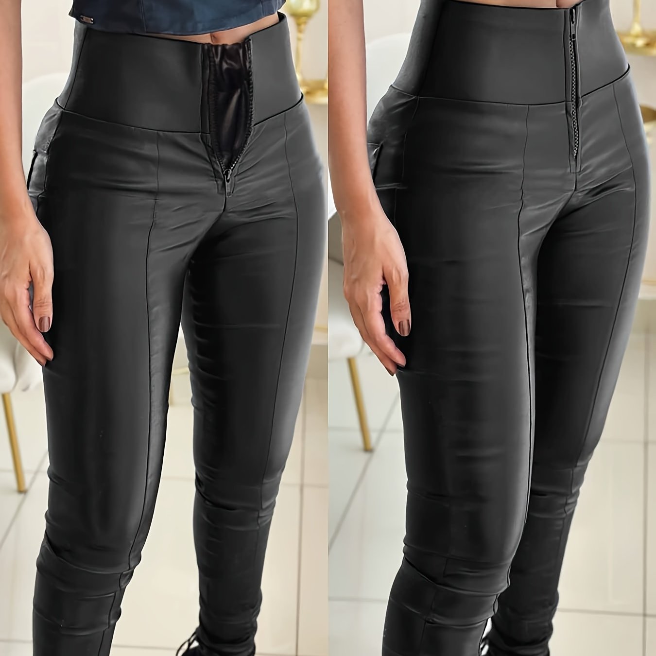 Image of Solid Color Women's High-waisted Zipper Front Closure With Anti-pinch Lining Double-layer Tummy Control Pu Pants Slim 's Trousers Leggings