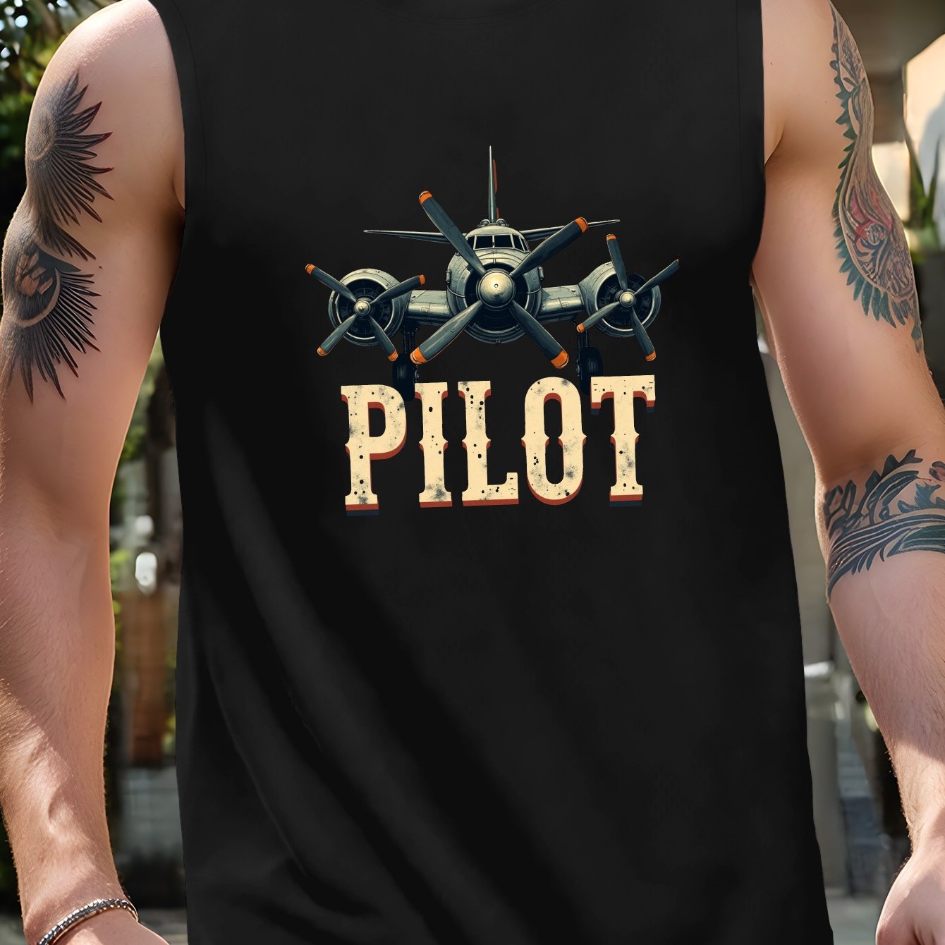 Vintage Airplane Print Men&#39;S Tank Top - Breathable, Comfortable, Sleeveless Athletic Top with &quot;PILOT&quot; Design, Casual Summer Wear, Breathable Clothing | Vintage Airplane Print | Comfortable Fit