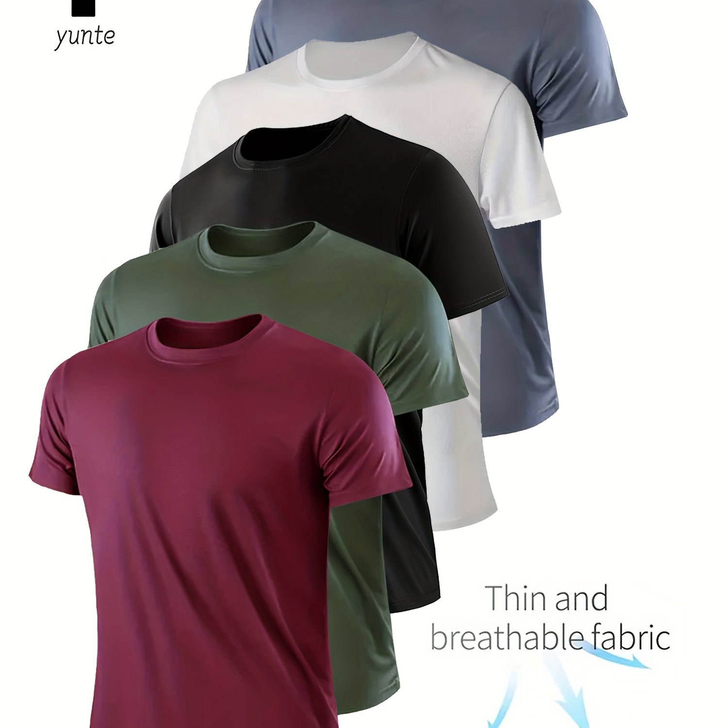 E-shop 5er-Pack Sortierte Tiefrot-Armygrün--Grau, Ultraleichte Herren Rundhals T-Shirts - Schnelltrocknend, Atmungsaktiv, Schweißabsorbierend, Geeignet