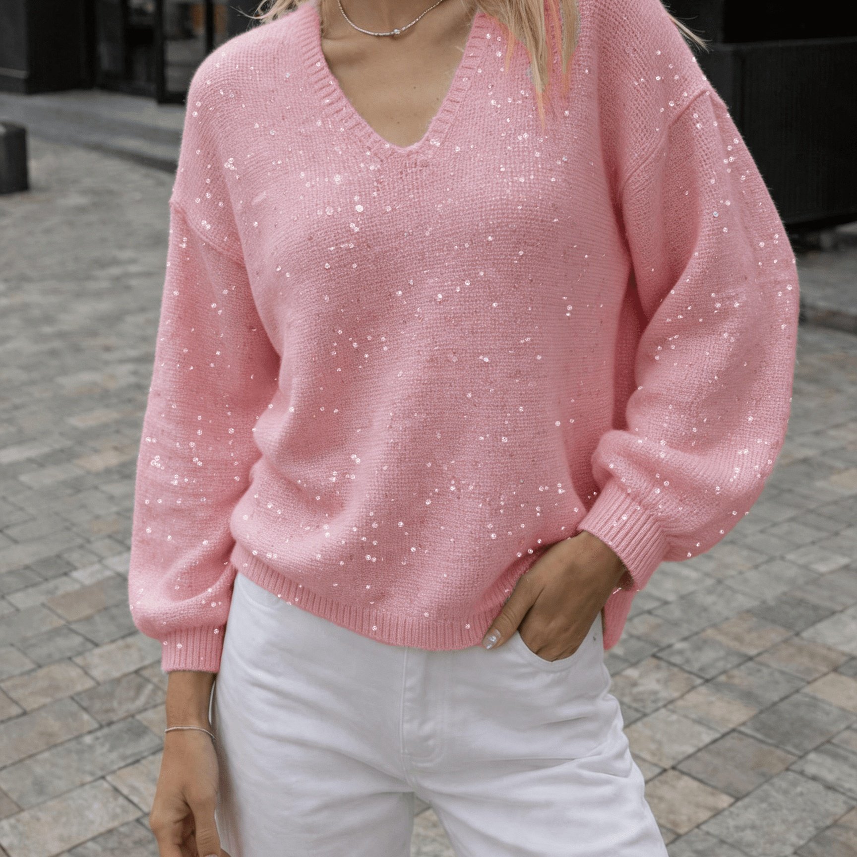TEMU Pull à col en V avec paillettes et sequins à paillettes fines de cerisier, style et pull polyvalent, et , flatteur et mettant en valeur la