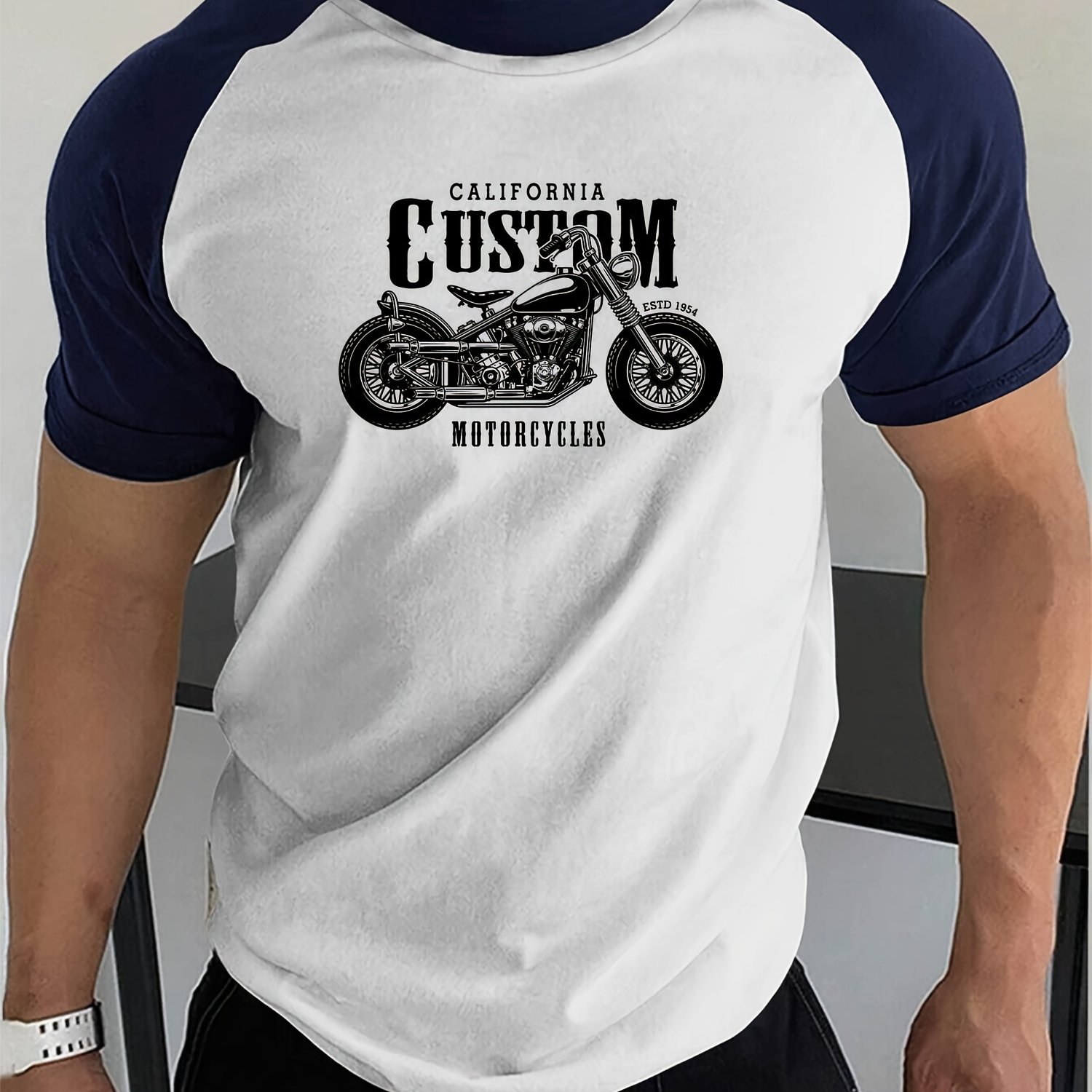 TEMU Men's Vintage Motorcycle Print Crew Neck Short Sleeve, Casual Daily Raglan Sleeve T-shirt, Comfy Breathable Clothing For Summer