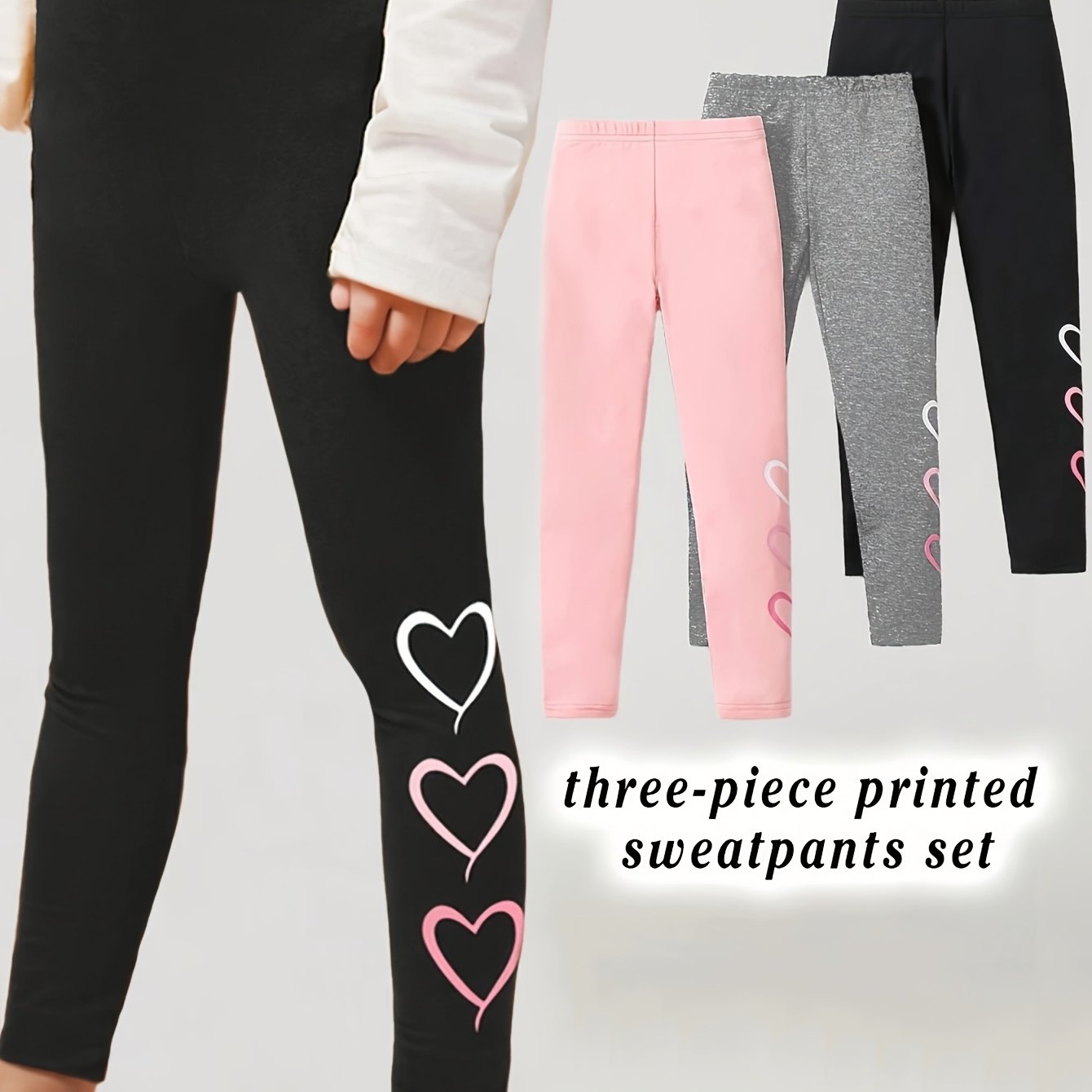 3pcs Set Of Girls' Solid-color Heart-patterned Casual Leggings, Suitable For , 3 And Up, Back To School Essentials, Autumn Essentials