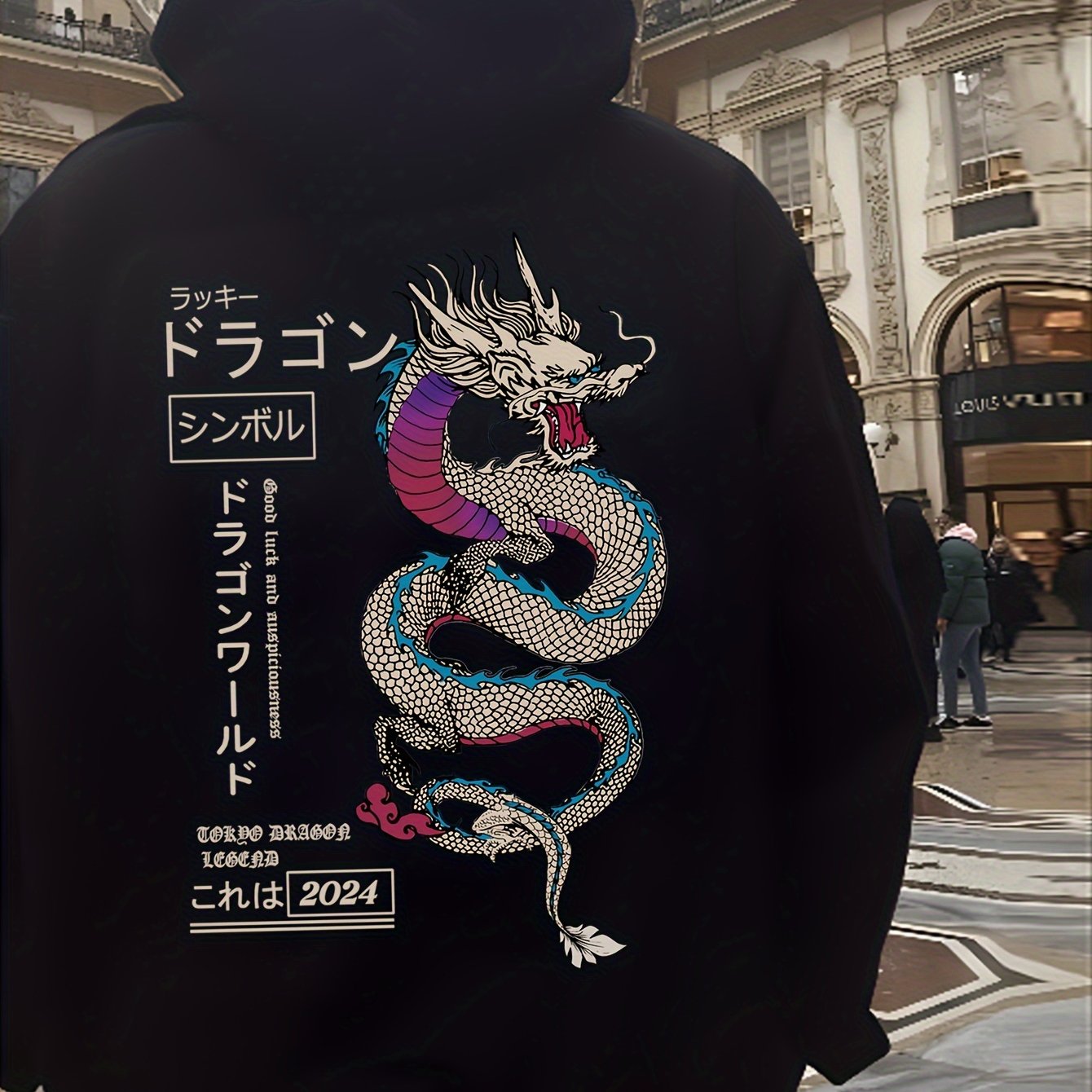 TEMU Japanese Dragon Print -lined Hooded Pocket Sweatshirt, Men's Cartoon Animal Japanese Anime Pattern Unisex Couple Wear Long Sleeve Jacket Thick