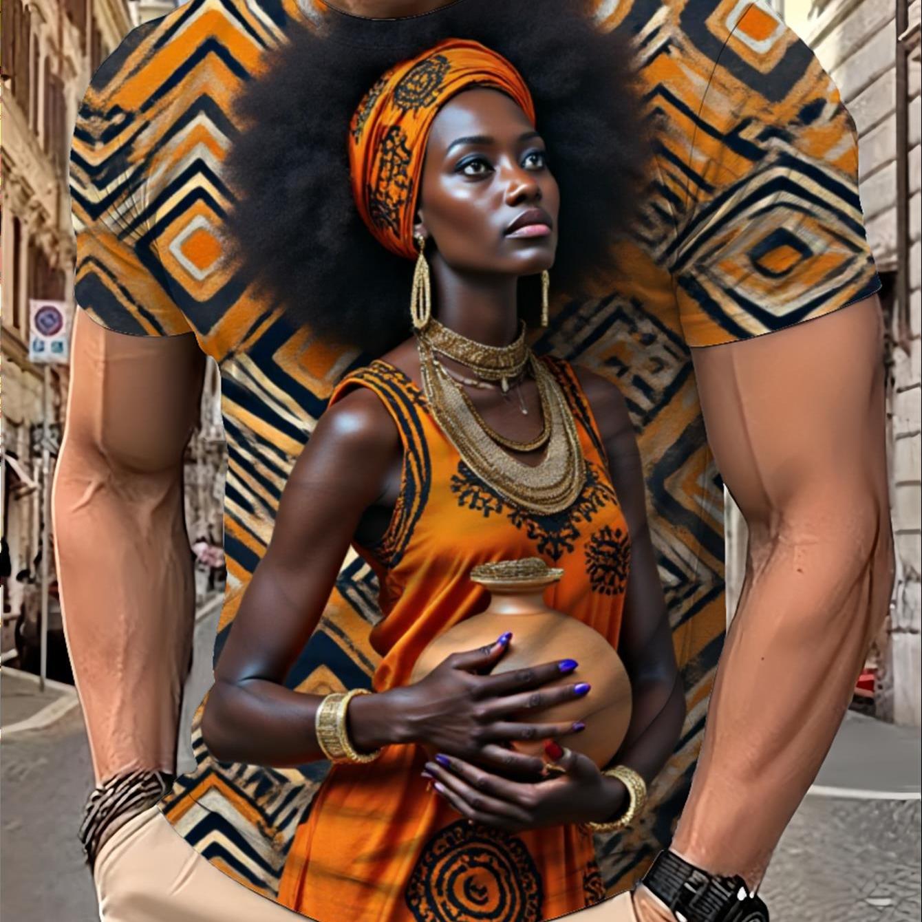 TEMU Men's Patterned T-shirt Featuring , Printed With A Vibrant Design Of An African Woman, Casual Wear And Themed Outfits