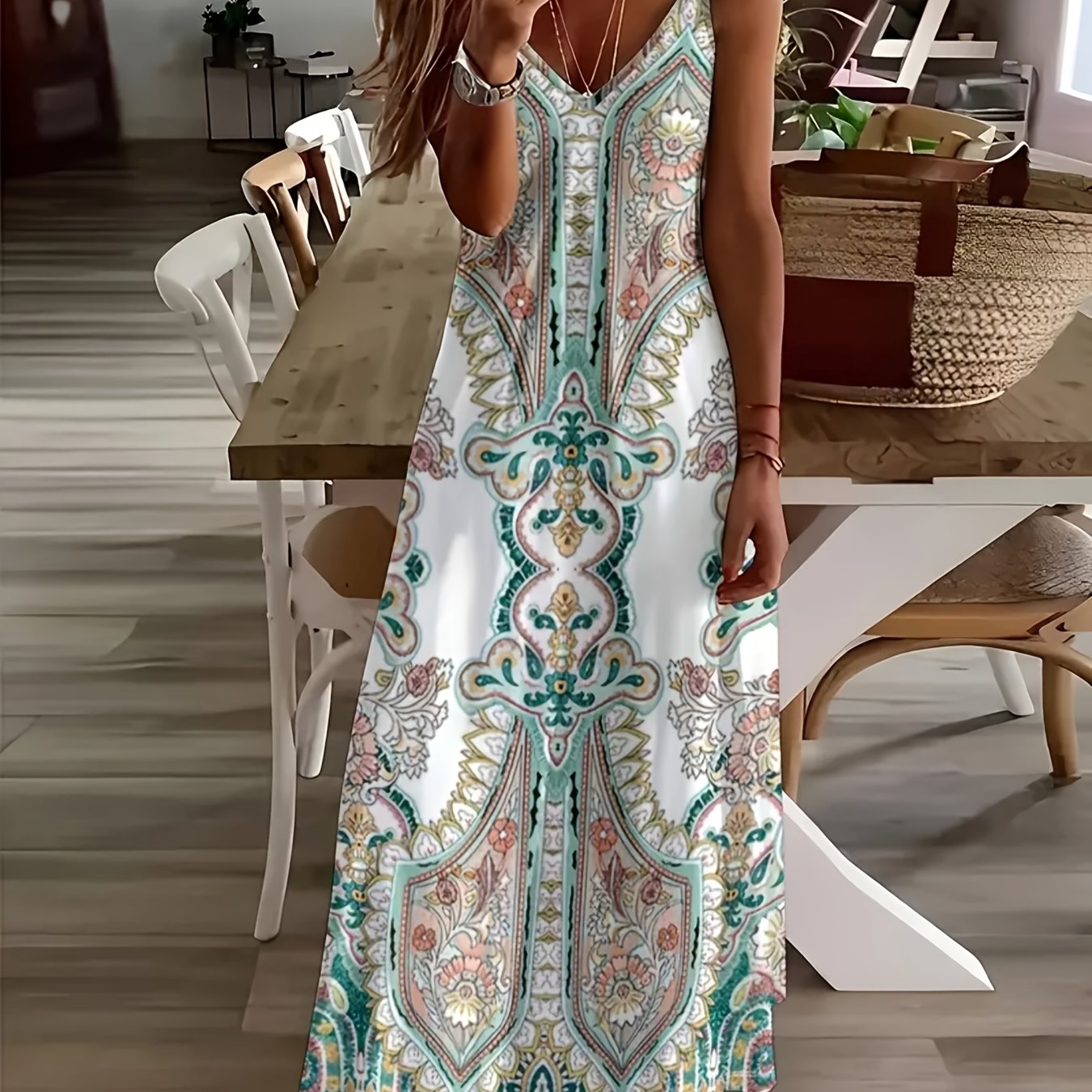 TEMU Western Summer Clothing Retro Floral Print Cami Maxi Dress A-line Full Skirt Cami Dress