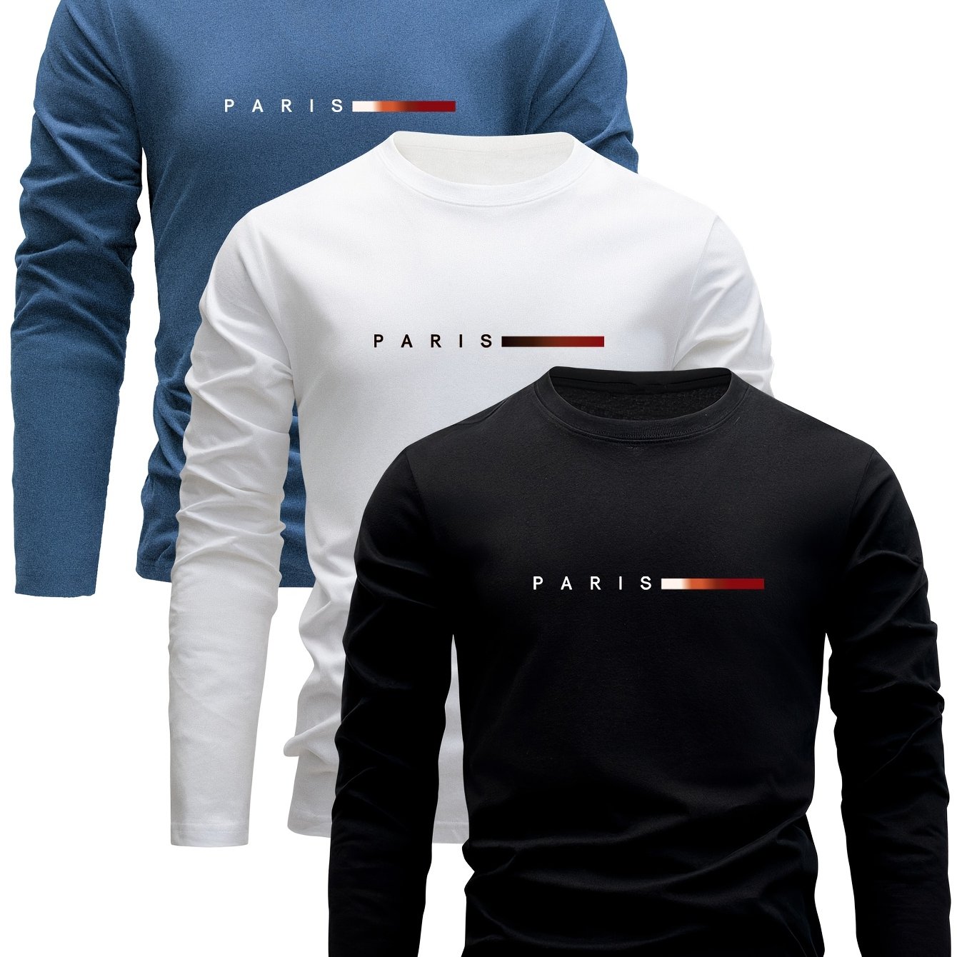 3pcs Cotton Men's Long Sleeve T-shirts, Versatile And Trendy For Spring And Autumn, Essential Breathable And Comfortable For Fall