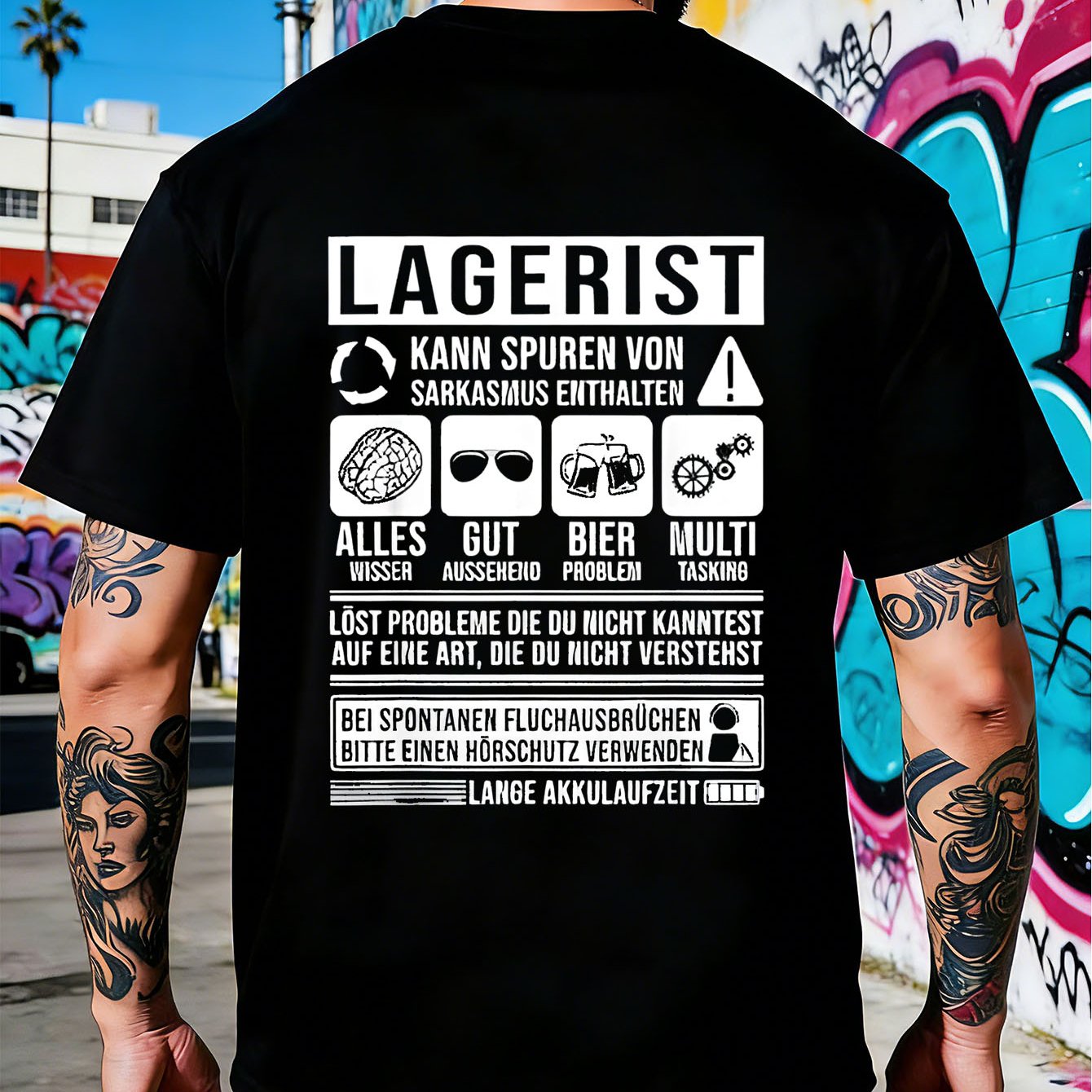 Image of Men's T-shirt Black Lagerist Print With German Text And Icons For Workshop Garage Work Environment