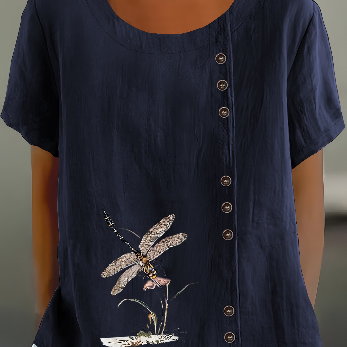 TEMU A Trendy Loose-fitting Shirt Featuring Creative Letter And Bohemian Floral Patterns, With Buttons And A Round Neck, Perfect For Women's Short