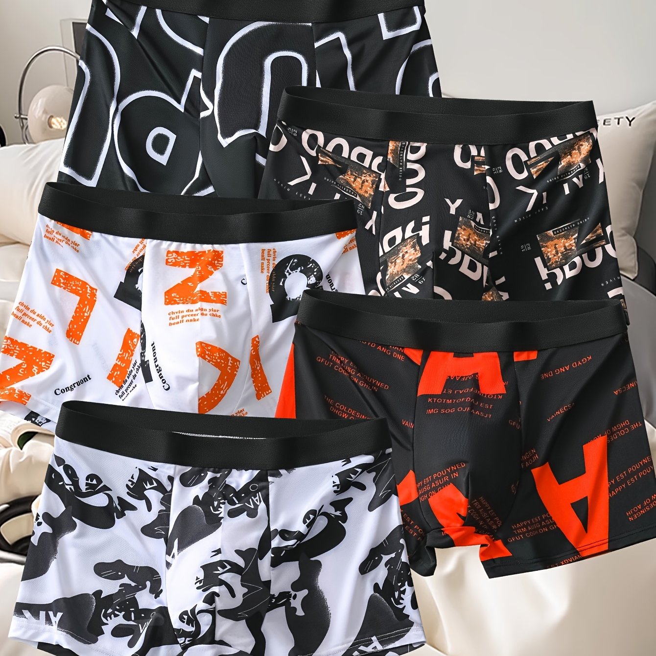 Image of 5pcs Men's Long Boxer Briefs - Fashionable Printed And Solid Color Men's Shorts, Soft Youth Underwear, Breathable, Comfortable, Quick-drying, And Stretchy Boxer Trunks, Sports Shorts, Men's Underwear