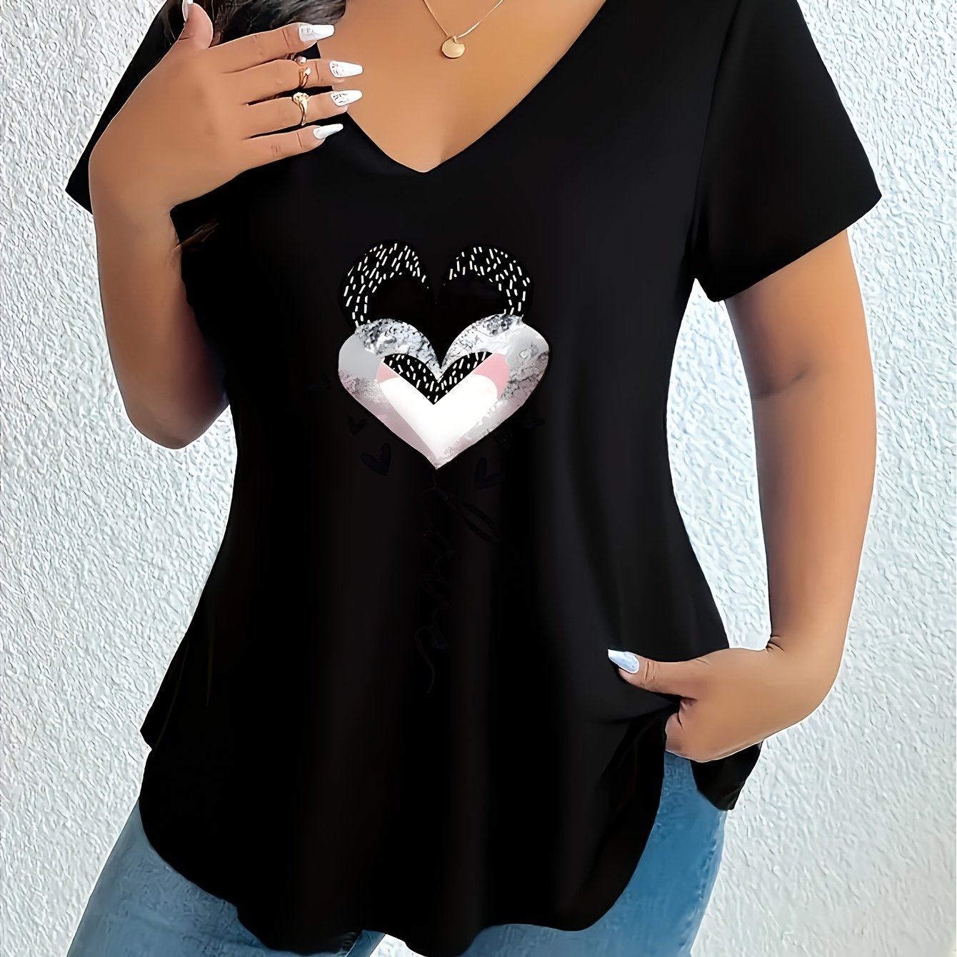 TEMU Plus Size, New Plus Size Printed Short Sleeve T-shirt Women's Casual V-neck Loose Comfortable Versatile Top
