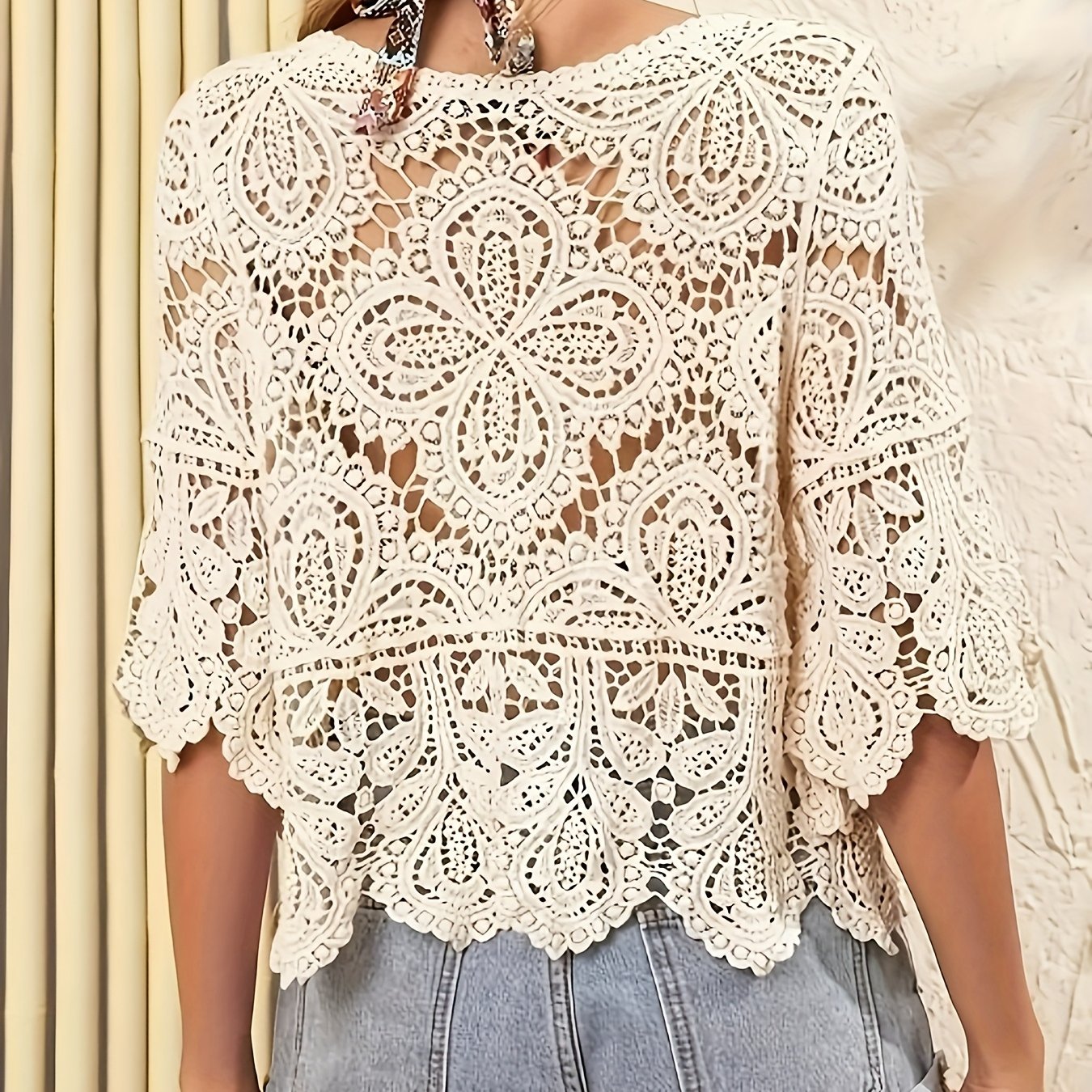 Image of A Bohemian--up With Five-quarter Sleeves, Featuring A Short And Elegant Design. Perfect For Street , This Mesh Embroidered Swimsuit Cover-up Is Ideal For Seaside Beach Leisure And Travel Vacations